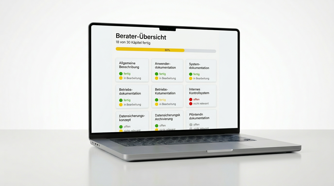 GoBD-Suite Dashboard auf einem Laptop – Berater-Übersicht mit Ampel-Status für alle Kapitel